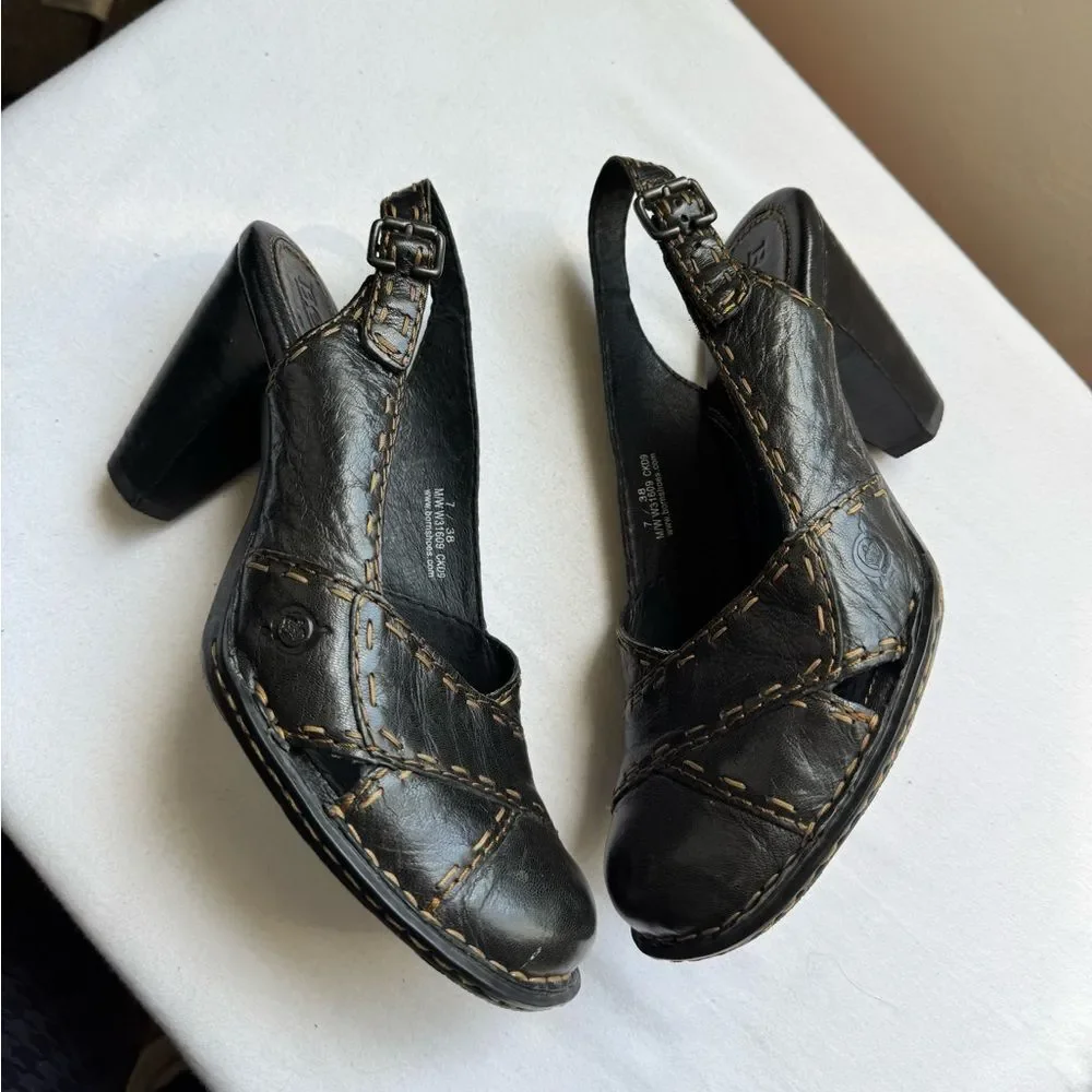 Y2K 2000s Born Black Leather Slingback Heels with Tan Contrast Stitching Size 7